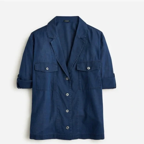 J Crew Camp Collar Shirt Womens 12 Blue V
Neck Cotton Voile Button Up Roll Tab - Picture 2 of 11
